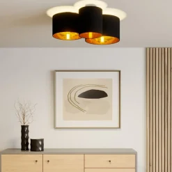 Lindby loftlampe Laurenz, 3 lyskilder, sort/guld, tekstil
