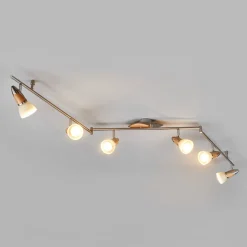 Lindby loftlampe Marena, 6 lyskilder, glas, træ, 180 cm lang