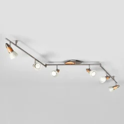 Lindby loftlampe Marena, 6 lyskilder, glas, træ, 180 cm lang