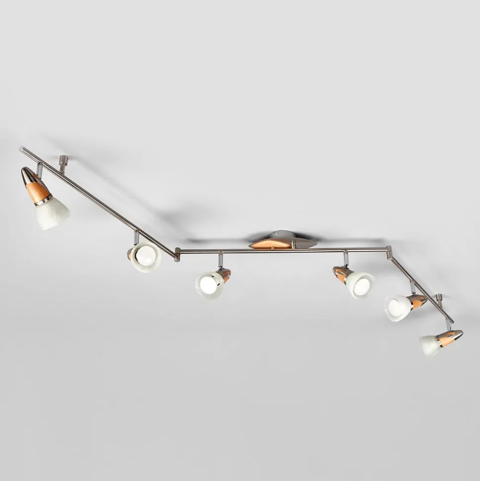 Lindby loftlampe Marena, 6 lyskilder, glas, træ, 180 cm lang