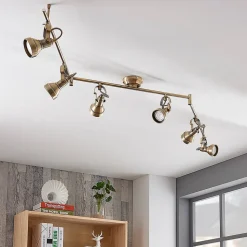 Lindby loftlampe Perseas, 180 cm, 6 lyskilder, antik messing, GU10