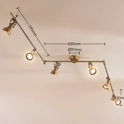 Lindby loftlampe Perseas, 180 cm, 6 lyskilder, antik messing, GU10