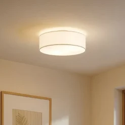 Lindby loftlampe Sebatin, Ø 40 cm, hvid, stof, E27