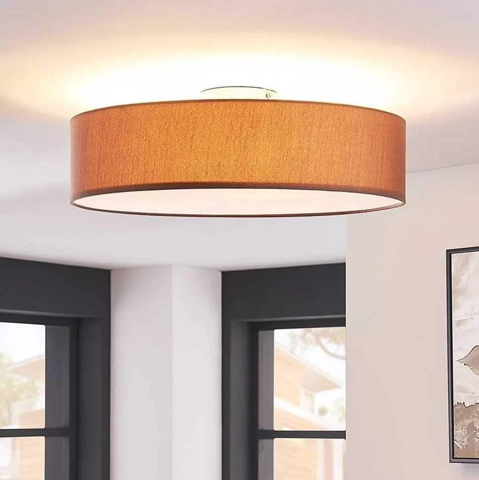 Lindby loftlampe Sebatin, Ø 50 cm, lysebrun, stof, E27