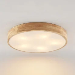 Lindby loftlampe Tanju, Ø 60 cm, 5 lyskilder, egetræ, E27