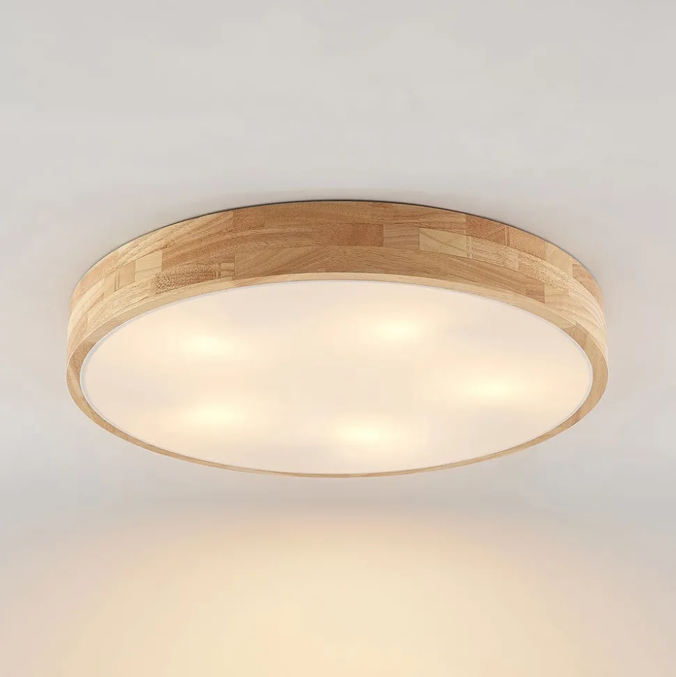 Lindby loftlampe Tanju, Ø 60 cm, 5 lyskilder, egetræ, E27