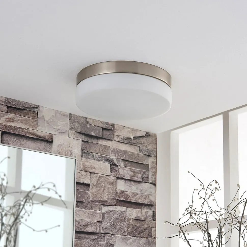 Lindby loftlampe til badeværelset Amilia, Ø 23,5 cm, E27, nikkel, glas