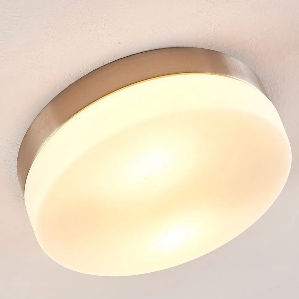 Lindby loftlampe til badeværelset Amilia, Ø 23,5 cm, E27, nikkel, glas