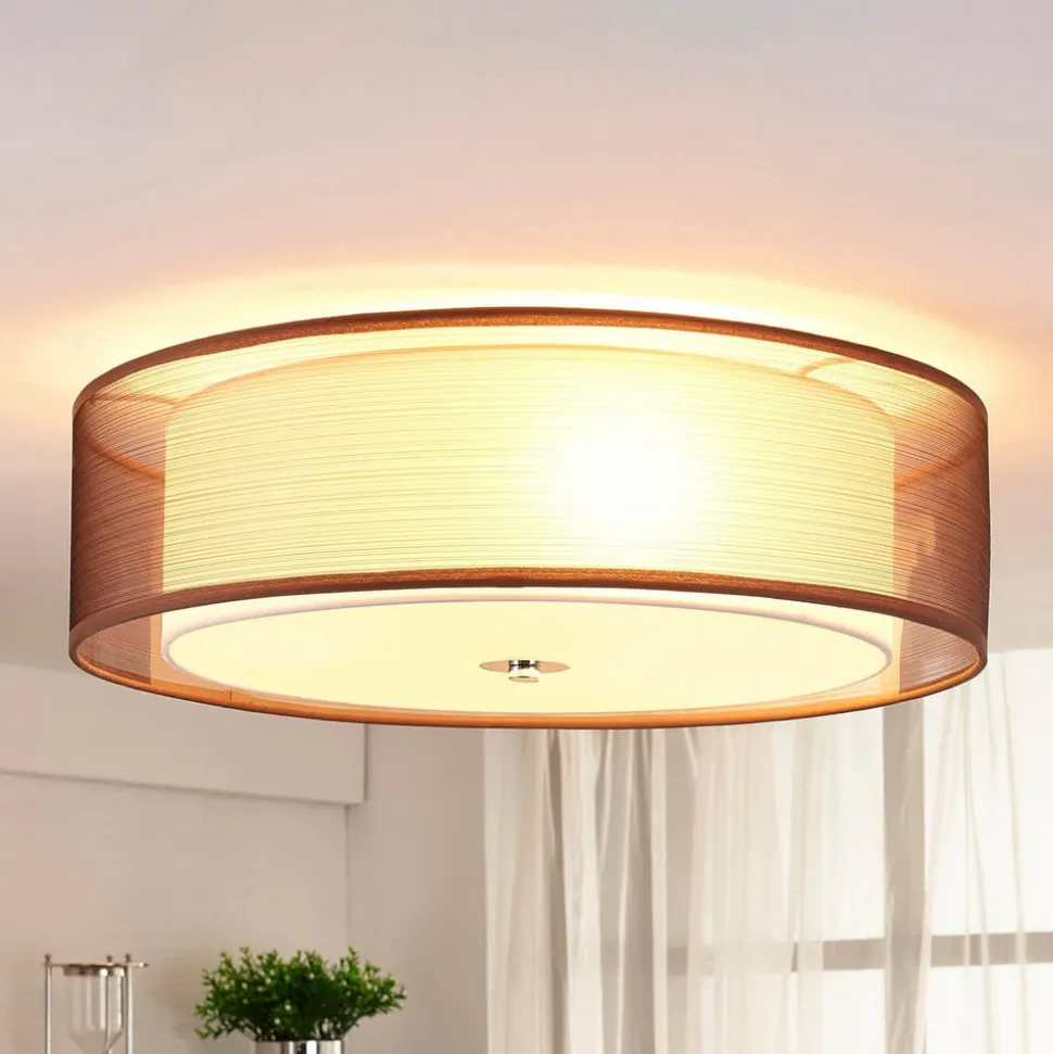 Lindby loftlampe Tobia, brun, tekstil, Ø 50 cm, E27