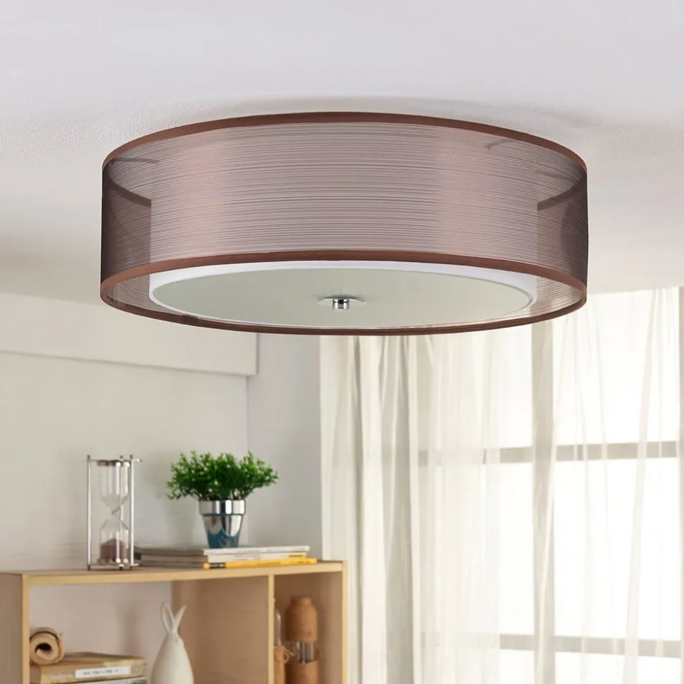 Lindby loftlampe Tobia, brun, tekstil, Ø 50 cm, E27