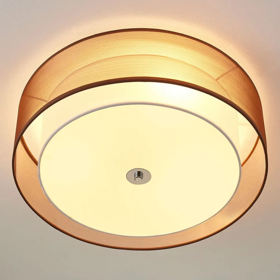 Lindby loftlampe Tobia, brun, tekstil, Ø 50 cm, E27