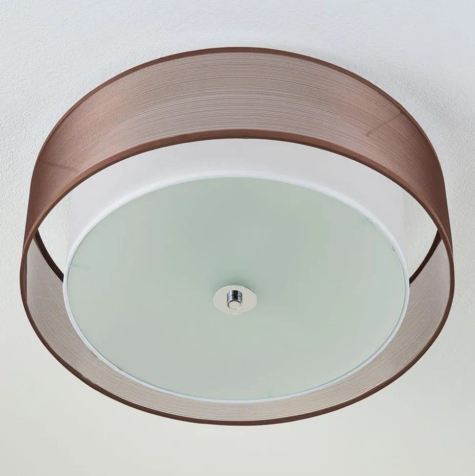 Lindby loftlampe Tobia, brun, tekstil, Ø 50 cm, E27