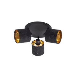 Lindby loftlampe Vasilia, 3 lyskilder, sort/guld, stof