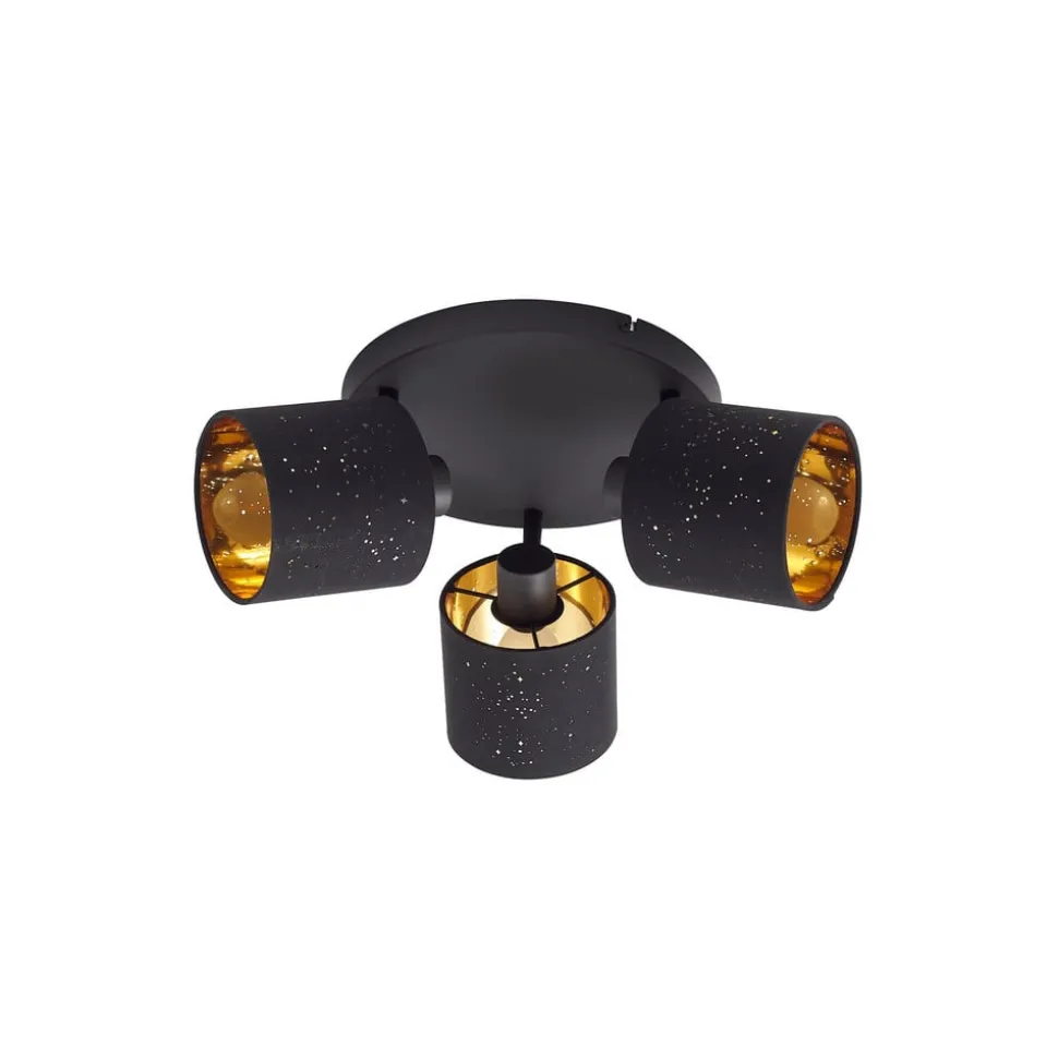 Lindby loftlampe Vasilia, 3 lyskilder, sort/guld, stof
