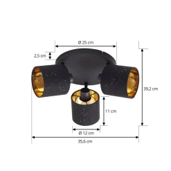 Lindby loftlampe Vasilia, 3 lyskilder, sort/guld, stof