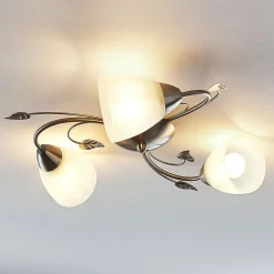 Lindby loftlampe Yannie, 3 lyskilder, 50 cm, nikkel/hvid, glas