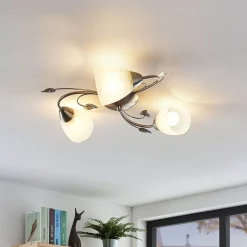 Lindby loftlampe Yannie, 3 lyskilder, 50 cm, nikkel/hvid, glas