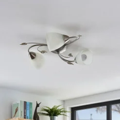Lindby loftlampe Yannie, 3 lyskilder, 50 cm, nikkel/hvid, glas