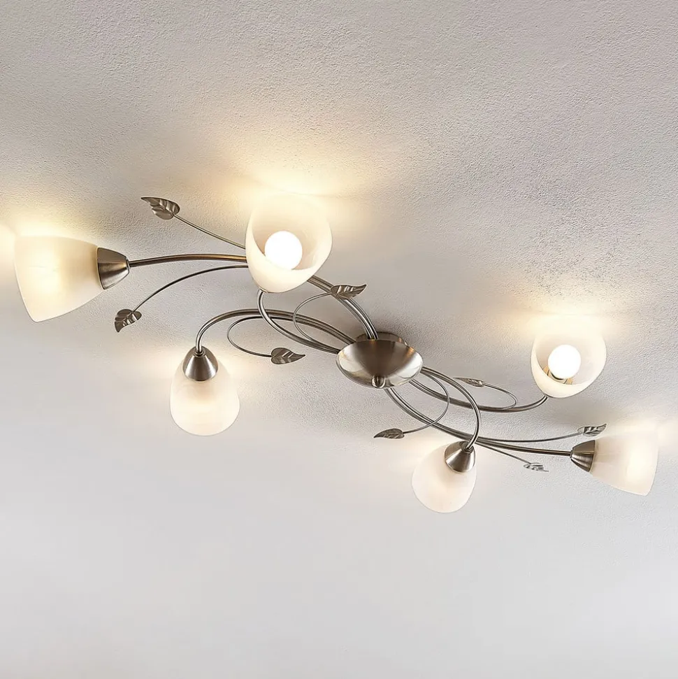 Lindby loftlampe Yannie, 6 lyskilder, 106 cm, nikkel/hvid, glas
