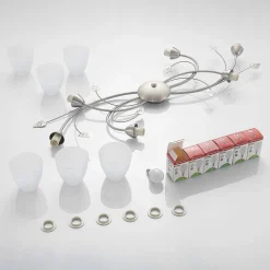 Lindby loftlampe Yannie, 6 lyskilder, 106 cm, nikkel/hvid, glas