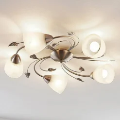 Lindby loftlampe Yannie, 5 lyskilder, 60 cm, nikkel/hvid, glas