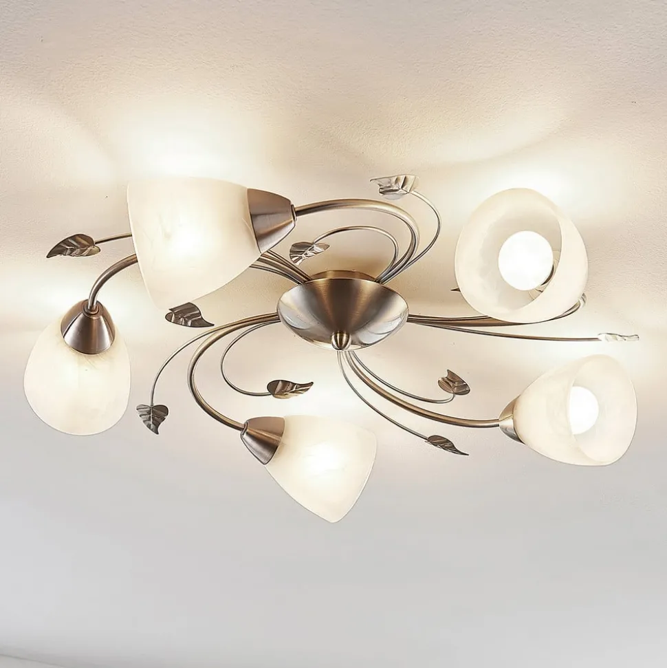 Lindby loftlampe Yannie, 5 lyskilder, 60 cm, nikkel/hvid, glas