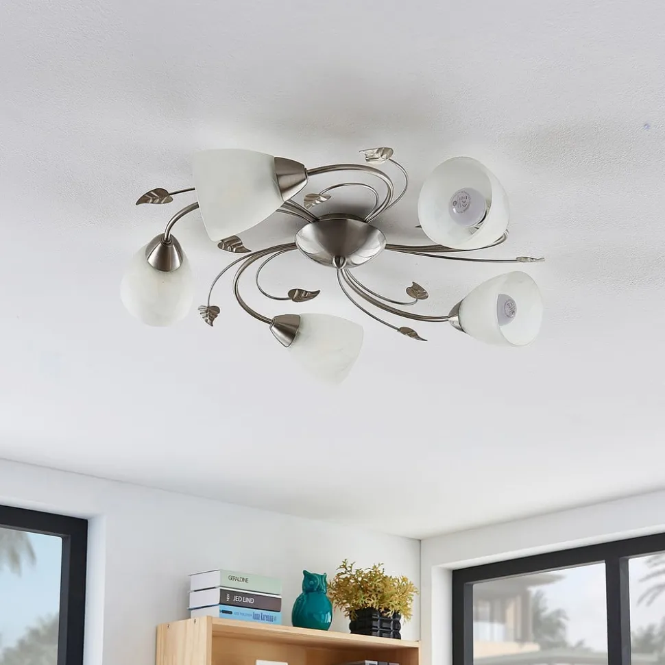 Lindby loftlampe Yannie, 5 lyskilder, 60 cm, nikkel/hvid, glas