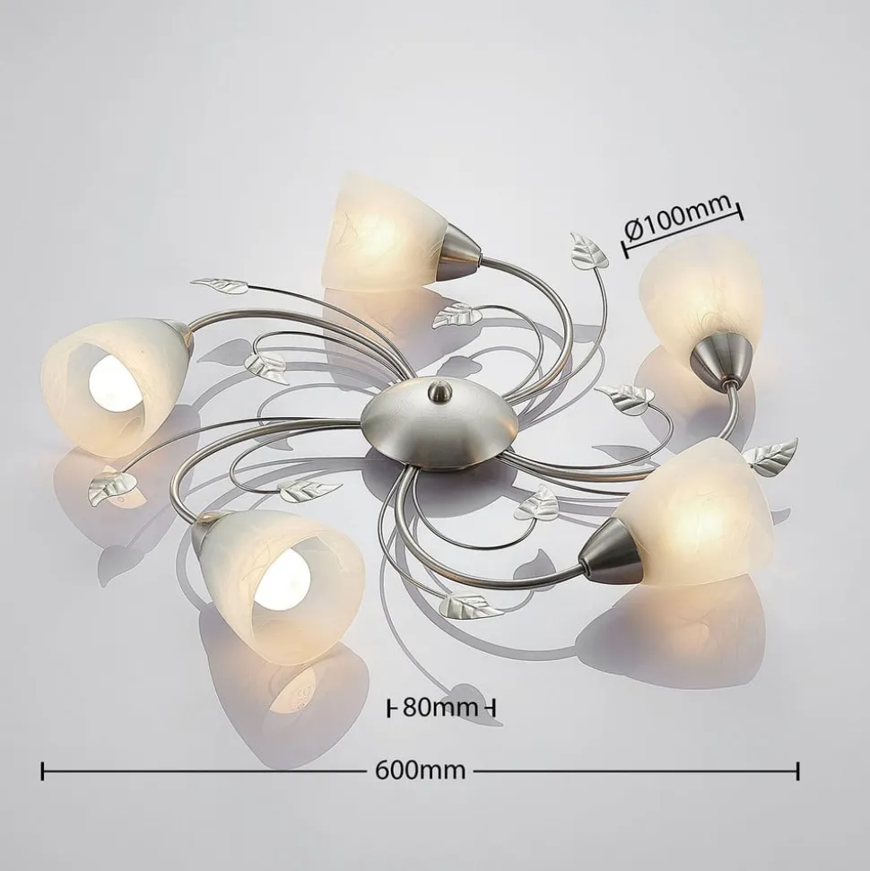 Lindby loftlampe Yannie, 5 lyskilder, 60 cm, nikkel/hvid, glas