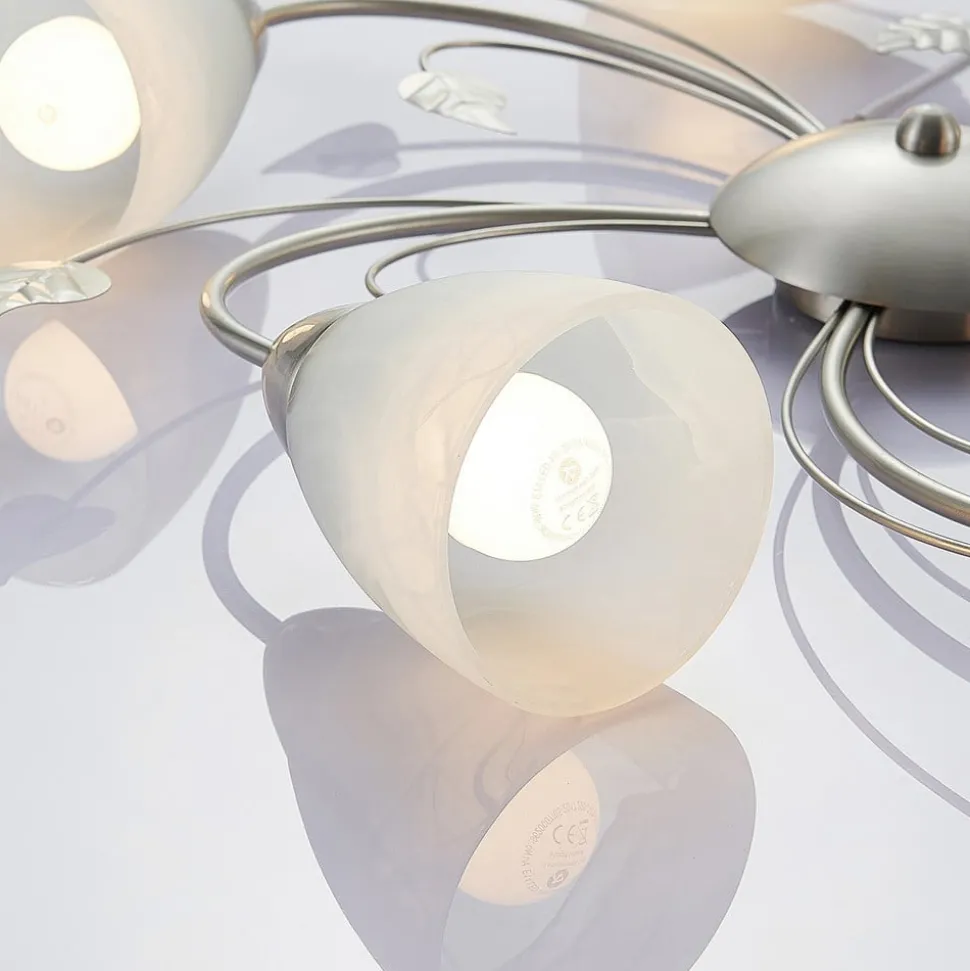 Lindby loftlampe Yannie, 5 lyskilder, 60 cm, nikkel/hvid, glas