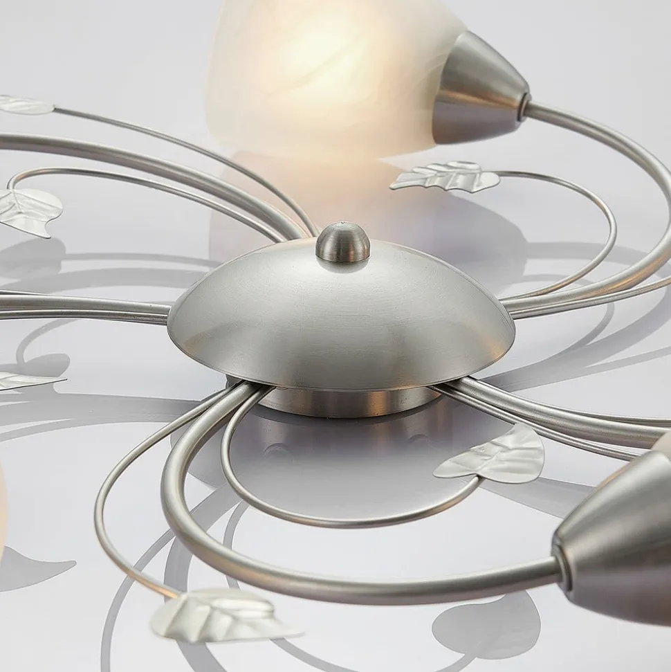 Lindby loftlampe Yannie, 5 lyskilder, 60 cm, nikkel/hvid, glas