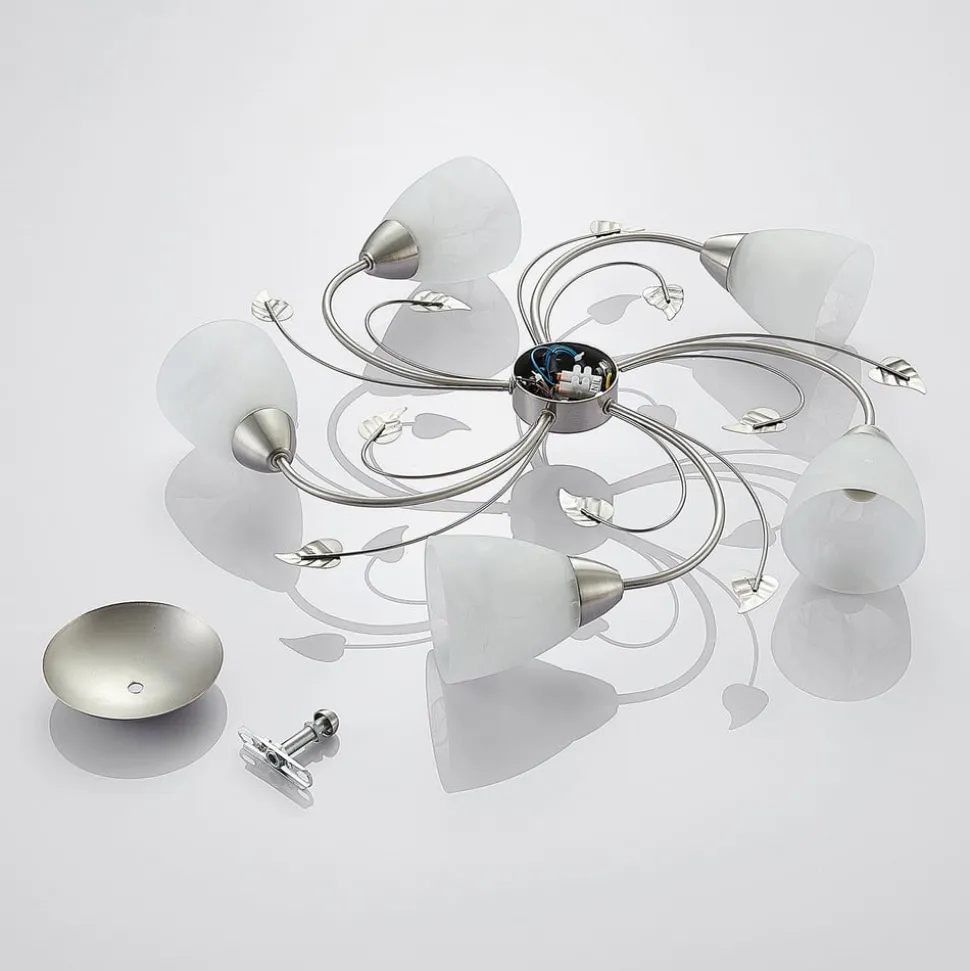 Lindby loftlampe Yannie, 5 lyskilder, 60 cm, nikkel/hvid, glas