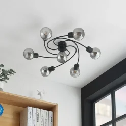 Lindby loftslampe Ciala, 7-lys, sort, smoke, glas