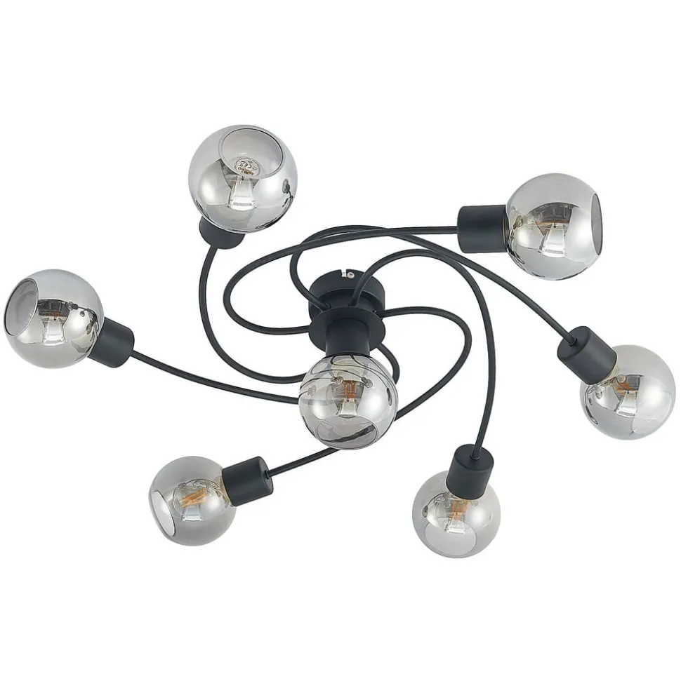 Lindby loftslampe Ciala, 7-lys, sort, smoke, glas