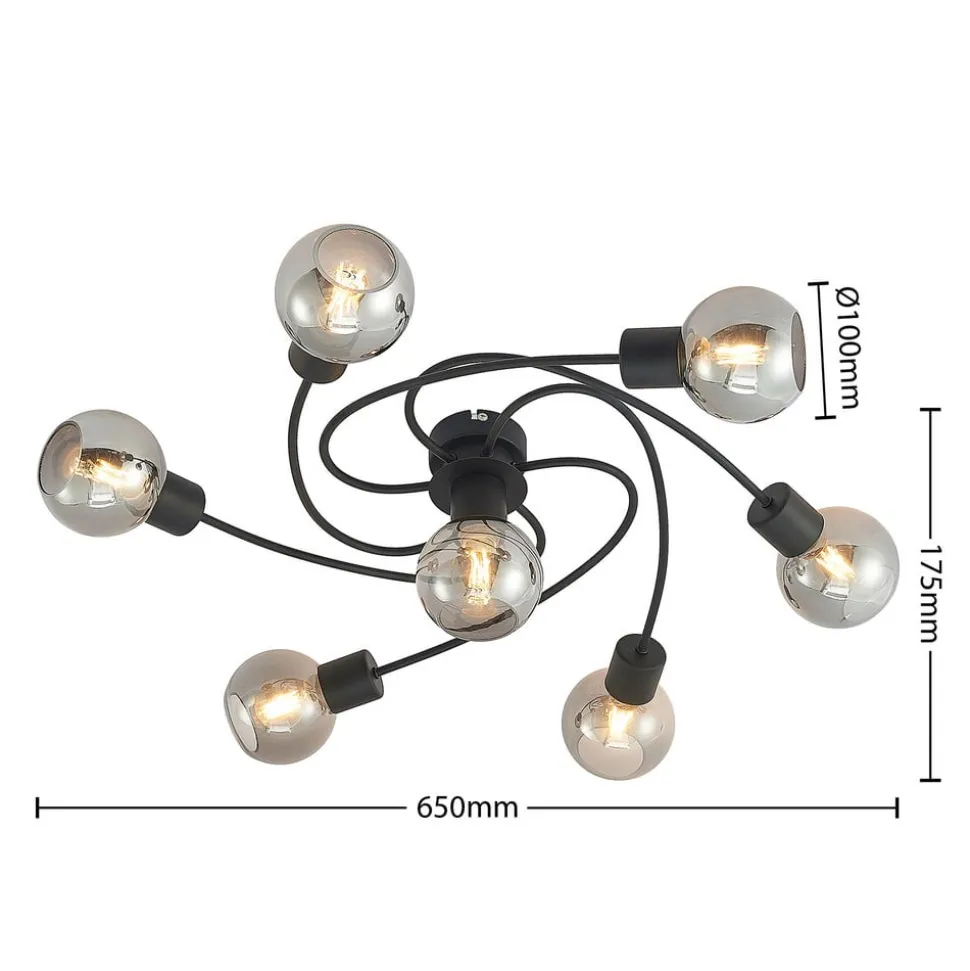 Lindby loftslampe Ciala, 7-lys, sort, smoke, glas