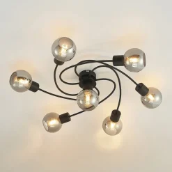Lindby loftslampe Ciala, 7-lys, sort, smoke, glas