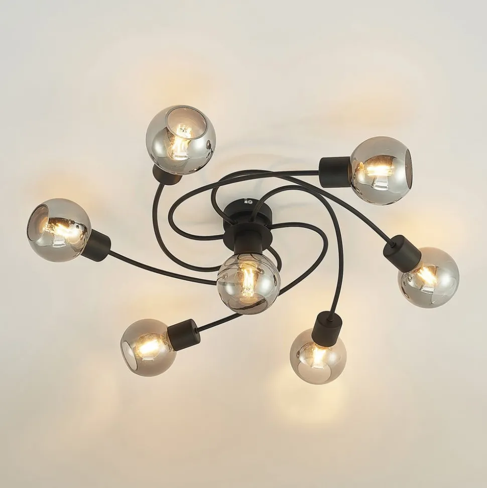 Lindby loftslampe Ciala, 7-lys, sort, smoke, glas