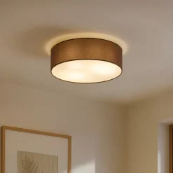 Lindby loftslampe Sebatin, Ø 40 cm, lysebrun, stof, E27