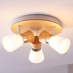 Lindby loftslampe Vivica, Ø 26 cm, krom/træ, 3 lyskilder