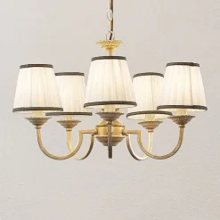 Lindby lysekrone Lumiel, 5-lys, creme/messing, tekstil