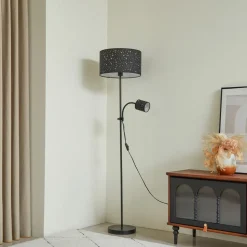 Lindby Melanie gulvlampe, grå, stof, Ø 36 cm, 2 lyskilder.