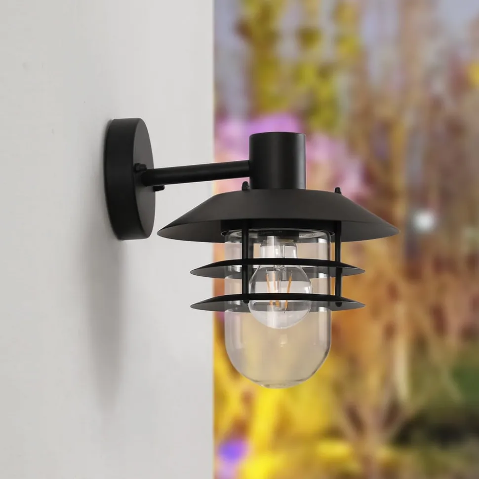 Lindby Meliora udendørs væglampe, sort, jern, IP44, E27