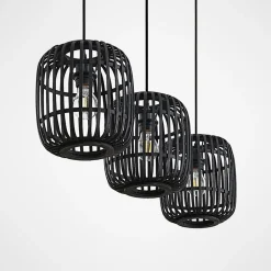 Lindby pendellampe Canyana, sort, 3-lys, rattan, 105 cm