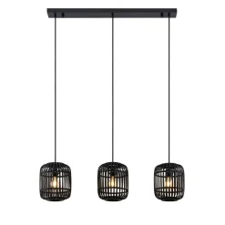 Lindby pendellampe Canyana, sort, 3-lys, rattan, 105 cm