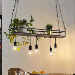 Lindby pendellampe Kirista, 5 lyskilder, sort, træ, 100 cm