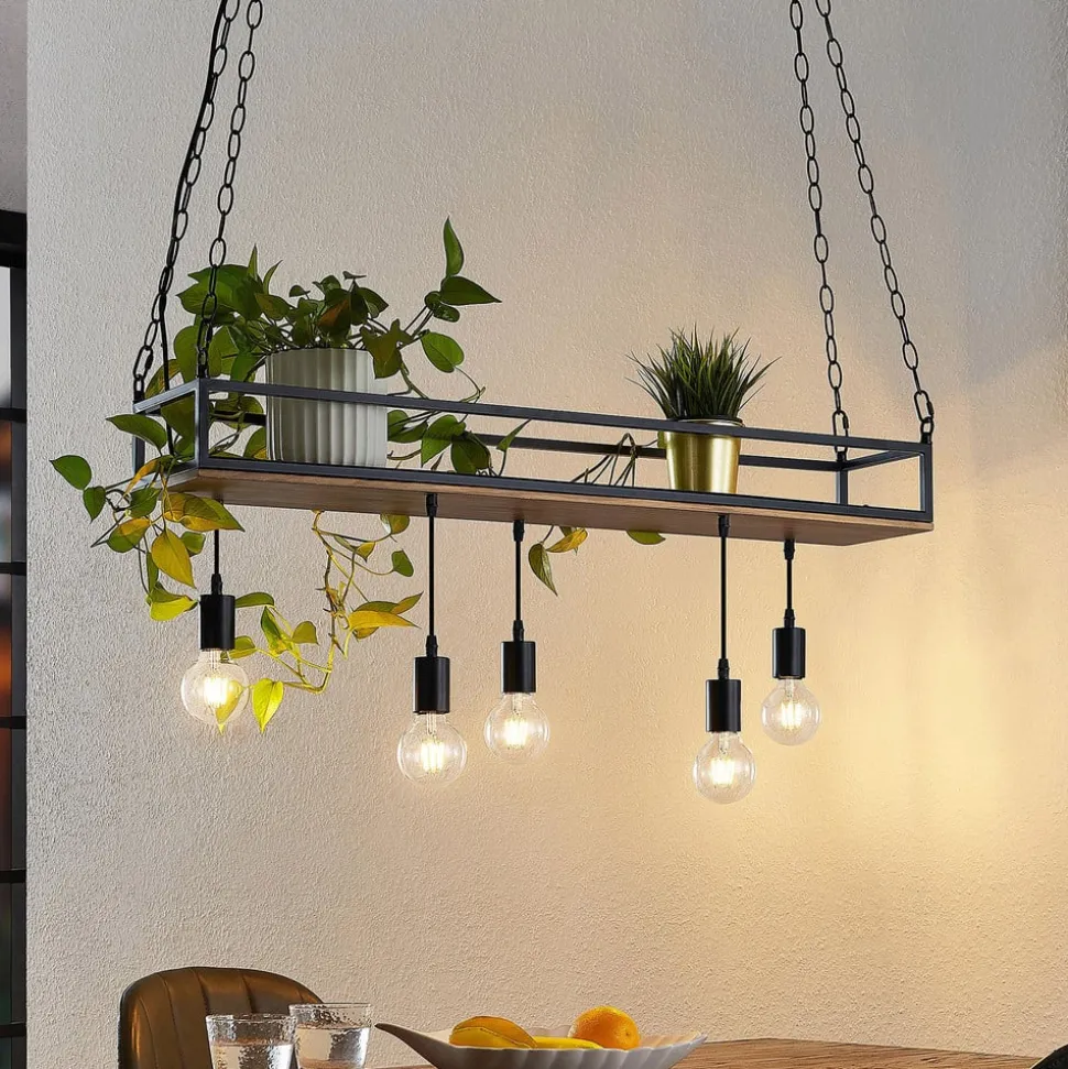 Lindby pendellampe Kirista, 5 lyskilder, sort, træ, 100 cm