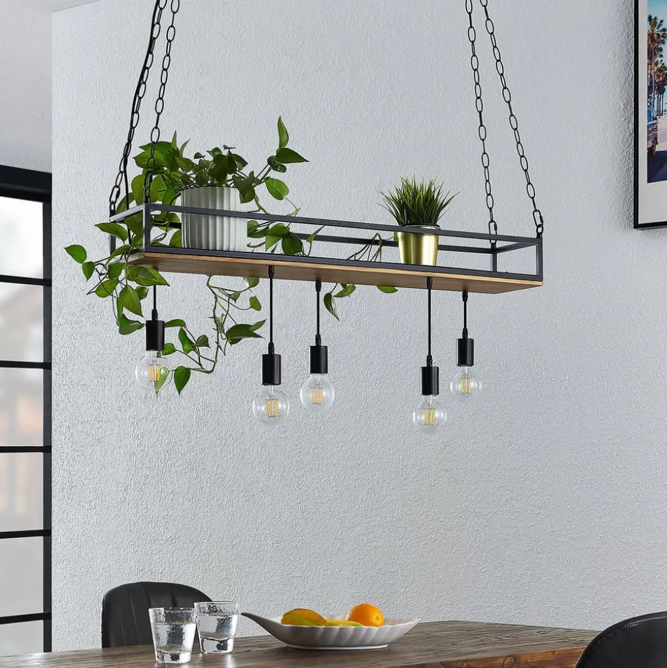 Lindby pendellampe Kirista, 5 lyskilder, sort, træ, 100 cm