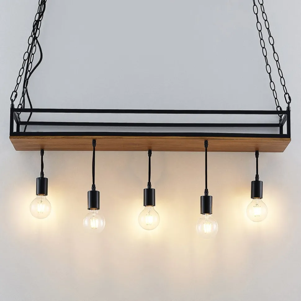 Lindby pendellampe Kirista, 5 lyskilder, sort, træ, 100 cm