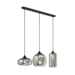 Lindby pendellampe Marla, 3 lyskilder, glas, røgfarvet grå, 102 cm