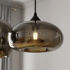Lindby pendellampe Marla, 3 lyskilder, glas, røgfarvet grå, 102 cm