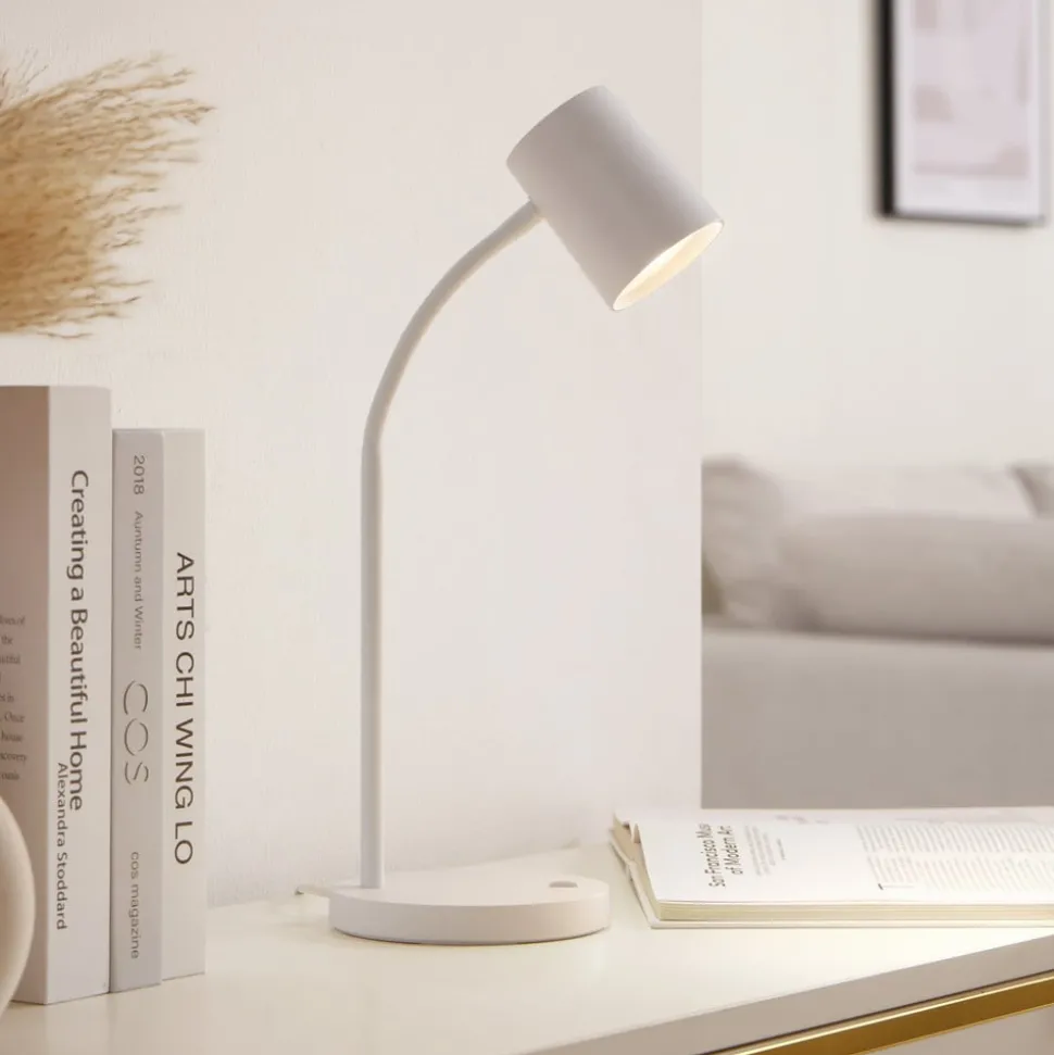 Lindby Radka bordlampe, hvid, plast, GU10, fleksibel arm